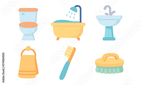 Cute bathroom icons set: toilet, bathtub, sink, towel, toothbrush, scrub brush in flat style