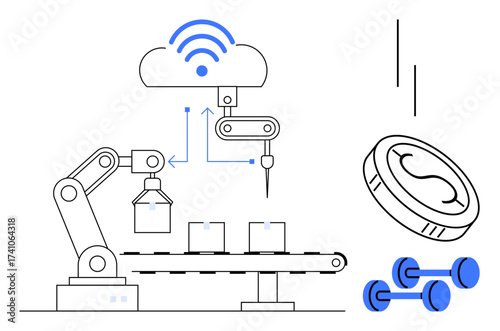 Robotic arm assembling items on conveyor belt, cloud with network, tools, coin symbol. Ideal for technology, manufacturing, automation, IoT industrial efficiency innovation smart systems. Simple