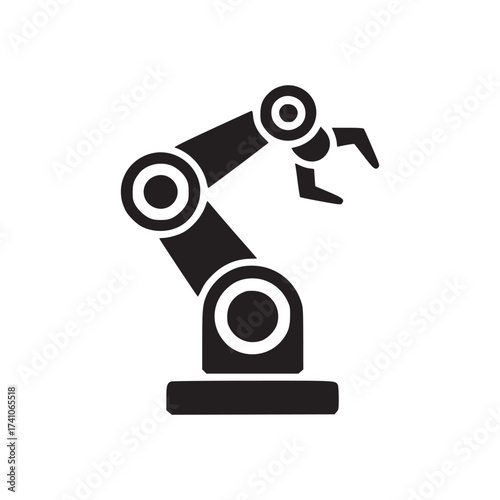 A simplistic dark blue robotic arm with three joints and a claw on a white background isolated object
