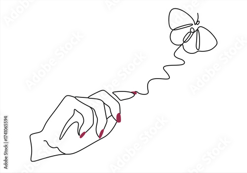 Hand reaching for butterfly Line art illustration of freedom and nature. line icon-continuous line drawing. Editable stroke. 
