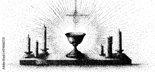 Intricate dotwork stippling design of a sacred altar with candles and chalice for religious art and decor