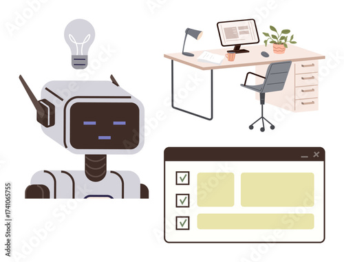 Robot head with lightbulb idea, office desk with computer and lamp, and checklist interface. Ideal for creativity, productivity, organization, innovation, technology AI workplace efficiency. Modern