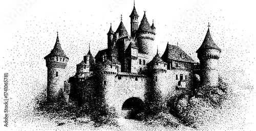 Intricate stipple dotwork illustration of a majestic ancient castle for art and design projects