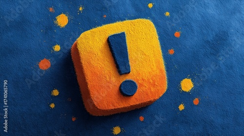 Exclamation mark caution sign on blue background, yellow warning symbol for safety alert, attention reminder, vector illustration, commercial use template.
