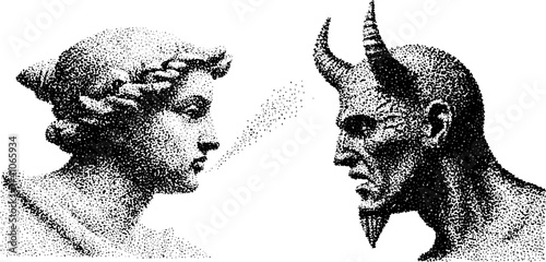 Detailed dotwork stippling art of angel and demon in profile view