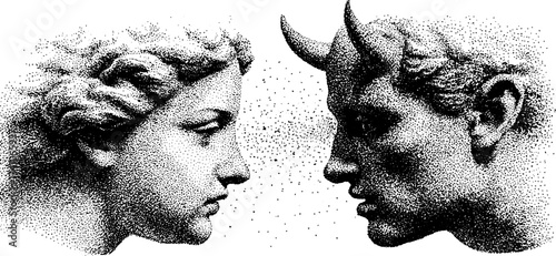 Intricate dotwork art of angel and demon faces in profile