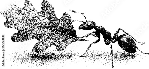 Dotwork illustration of an ant carrying leaf – intricate nature and persistence depiction