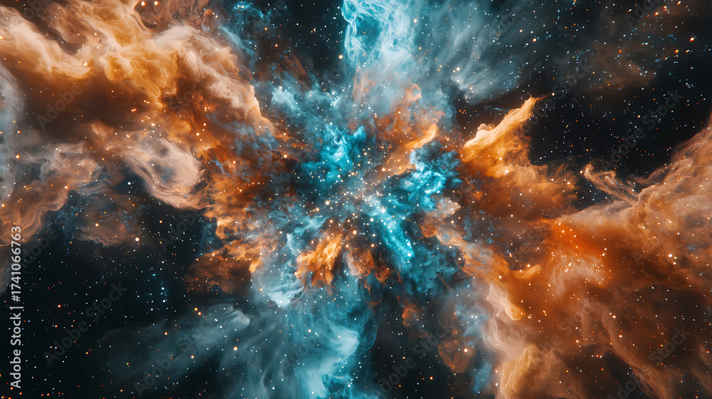 Fototapeta premium Stunning cosmic explosion with vibrant orange and blue hues, showcasing swirling clouds of gas and stars in vast galaxy