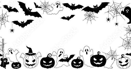 Halloween frame border and divider. Isolated vector spooky decorative holiday element with black silhouettes of creepy pumpkin faces, cats, human skulls, flying bats and witch hat on tree branches