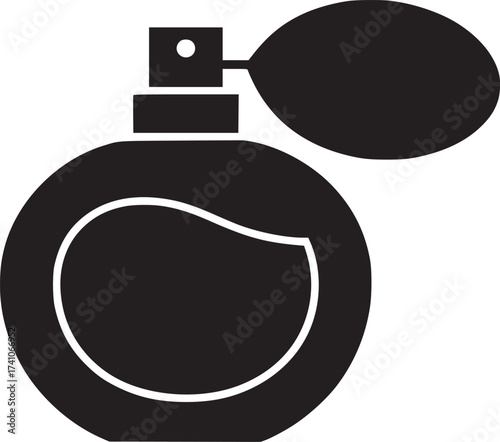 A black silhouette of a perfume bottle with a bulb atomizer on a plain white background displayed