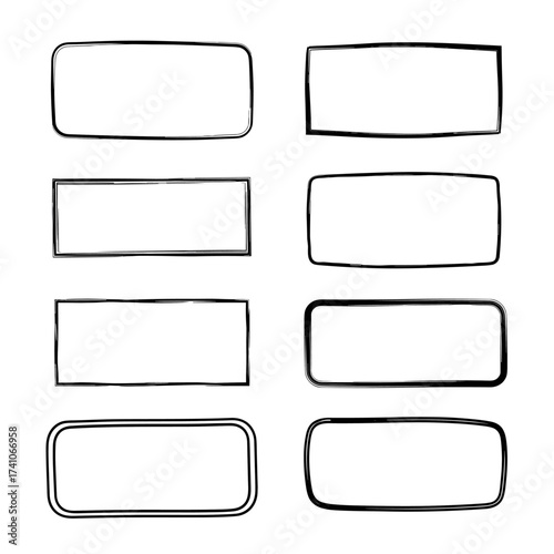 A collection of hand drawn empty rectangular boxes and frames on a white background.