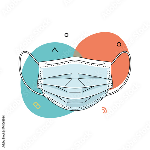 An illustration of a disposable medical face mask on a white background with colorful abstract shapes.