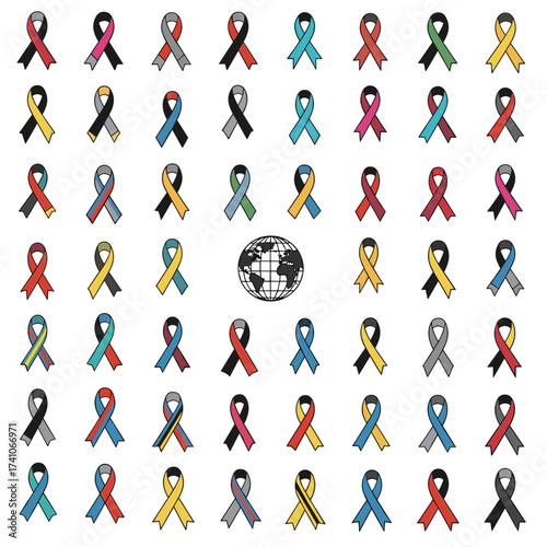 A diverse collection of awareness ribbons representing various causes and the world in the center.
