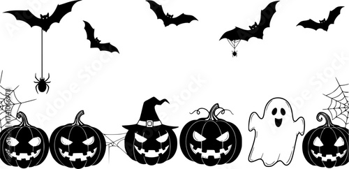 Halloween frame border and divider. Isolated vector spooky decorative holiday element with black silhouettes of creepy pumpkin faces, cats, human skulls, flying bats and witch hat on tree branches