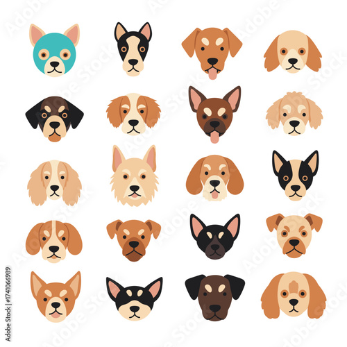 A collection of various dog faces showing different breeds and colors.