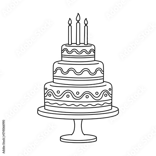 A beautifully decorated three-tiered cake with candles on top ready for celebration.
