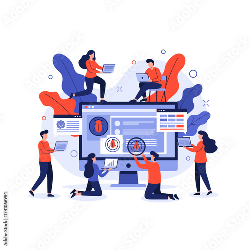 A team of developers is working together on a complex project using technology.