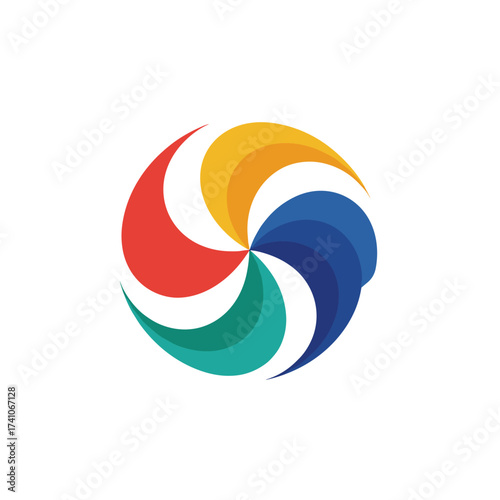 Colorful abstract swirling circular logo with vibrant segmented curved shapes.