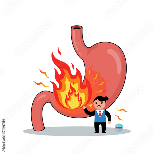Person suffering from severe heartburn experiencing intense burning sensation in the stomach and chest.