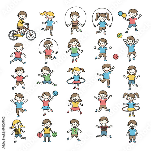 A diverse collection of cartoon children engaged in various playful activities outdoors.