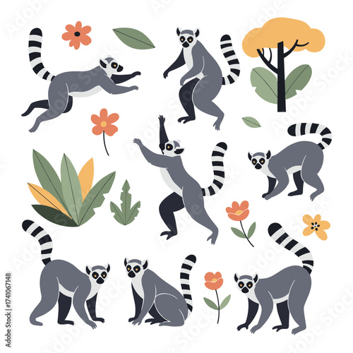 A delightful collection of lemurs exploring a vibrant jungle filled with colorful flowers and lush green plants.