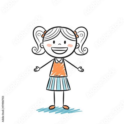 A happy cartoon girl with pigtails and a cheerful expression is shown with her arms outstretched welcomingly.