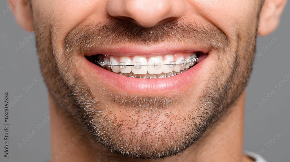 Obraz premium Close up of adult man smiling proudly with ceramic braces symbolizing orthodontic treatment