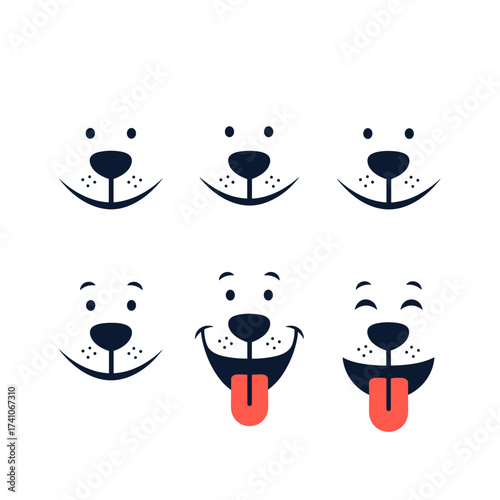 Collection of six playful dog faces with different expressions for cute design.