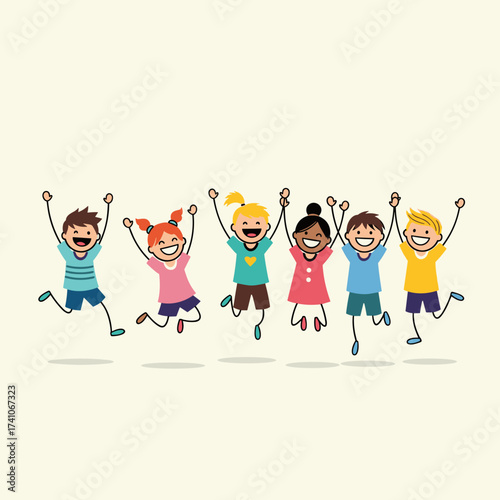 A diverse group of happy children jumping with joy together celebrating a special occasion.