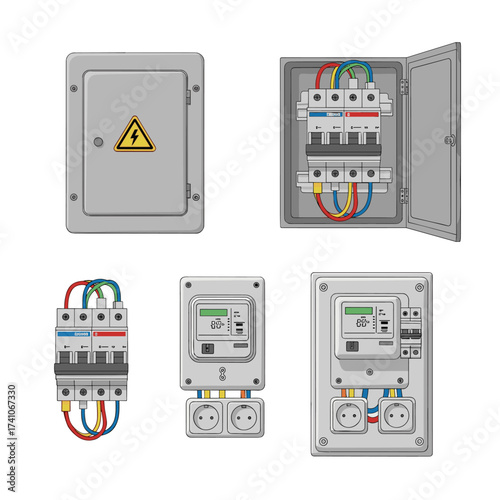 Electrical distribution boxes circuit breakers and power outlets in a detailed illustration.