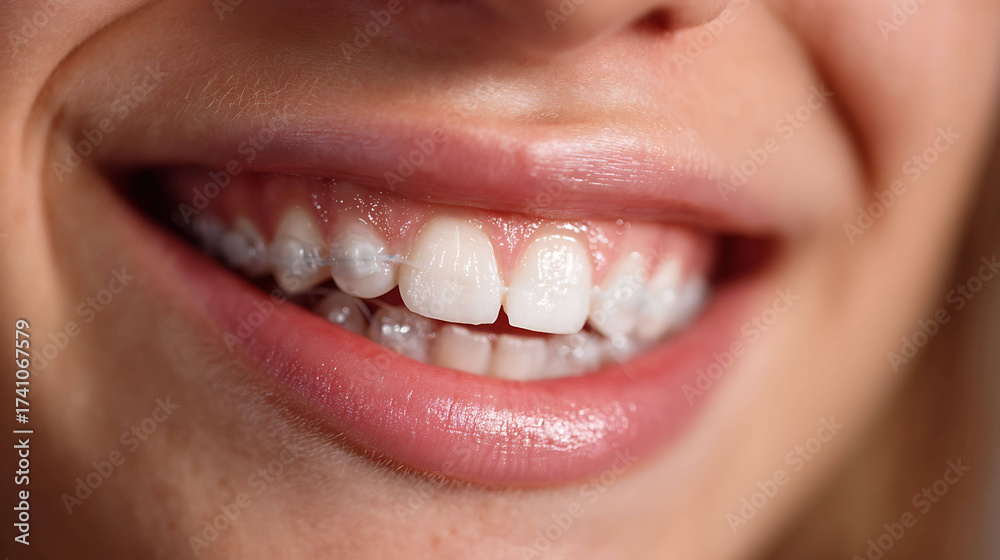 Fototapeta premium Happy young woman with clear aligners invisible braces smiling confidently