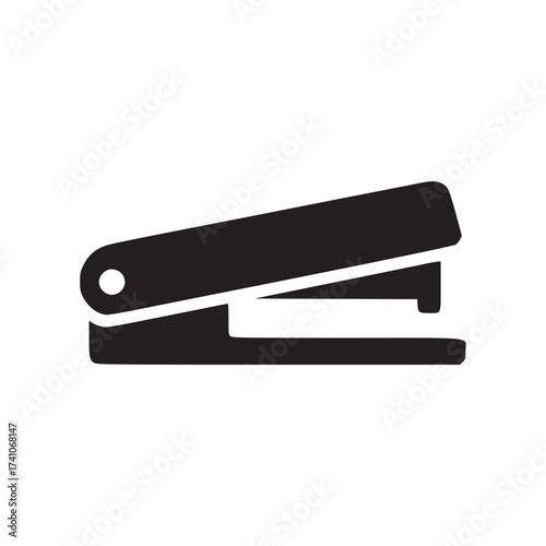 A minimalist illustration of a dark blue stapler on a white background in a simple flat style