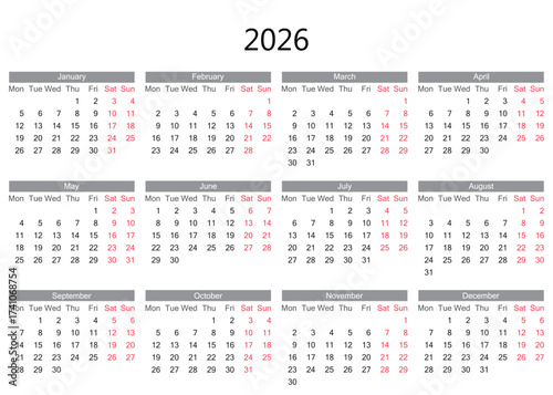 Simple 2026 Calendar Display Featuring Months and Days in Modern Layout.