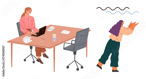 Woman seated at desk using a laptop with papers and a drink on the table, another woman walking carrying a box. Ideal for teamwork, productivity, workplace, multitasking, organization, collaboration