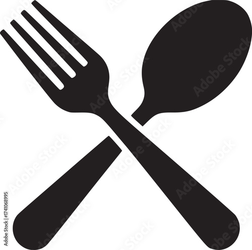 A black and white image of a crossed fork and spoon on a white background in an illustration style