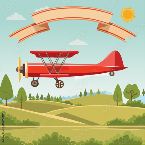Flying vintage plane with the advertising banner modern flat