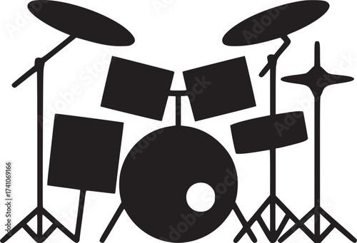 A black and white illustration of a drum set with cymbals and drums on a white background image view