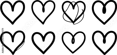 Heart shapes collection in different styles, minimalist, doodle, line art, hand-drawn