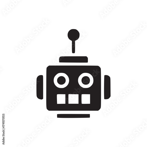 A simplistic dark blue robot head with square body and antenna on a plain white background design graphic
