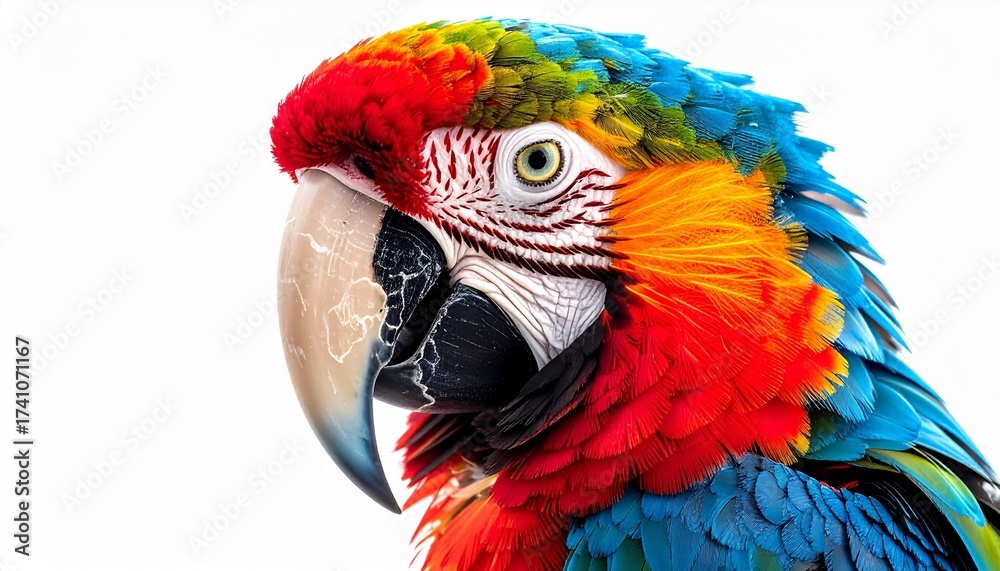 Fototapeta premium Close-up of a Blue-and-Yellow Macaw with vibrant blue wings, yellow chest, green crown, and black-and-white facial markings—tropical, vivid, and richly detailed.