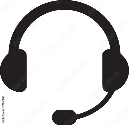 A simple black silhouette of a headset with a microphone on a plain white background illustration