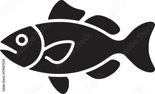 A simple black silhouette of a fish with distinct fins and a tail on a plain white background view