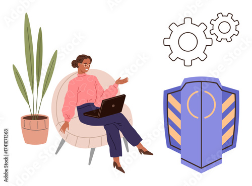 Woman working on laptop seated in modern chair near shield and gears. Ideal for business, technology, cybersecurity, innovation, productivity, remote work, personal development. Simple flat metaphor