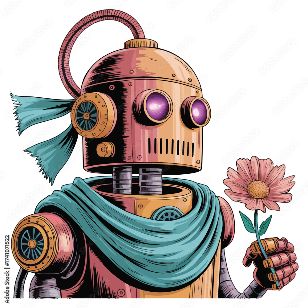 Charming robot holding a delicate pink flower. Whimsical illustration with metal textures and soft teal accents. Great for T-shirt Design, children's products, or friendly automation concepts.
