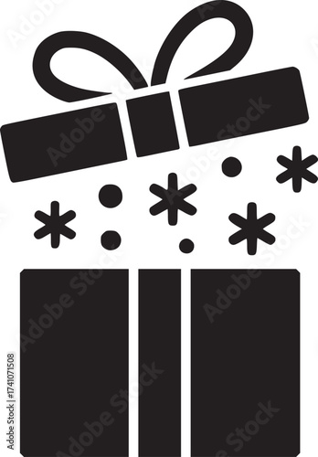 A black and white graphic of a gift box with a bow and snowflakes coming out of the top of the box