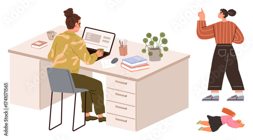 Woman at desk using laptop surrounded by books and plants, another figure gesturing, child on the floor. Ideal for work-life balance, multitasking, remote work, parenting, home office, flexibility