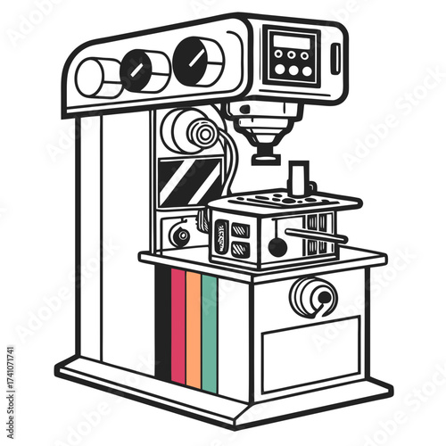 Black and white illustration of a mechanical device with colorful stripes