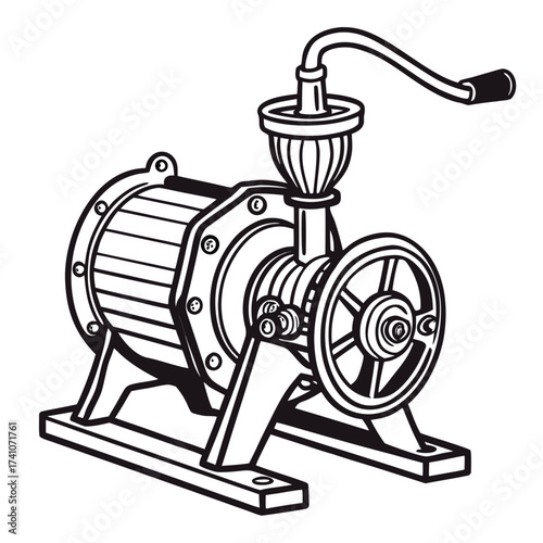 Black and white illustration of a manual meat grinder
