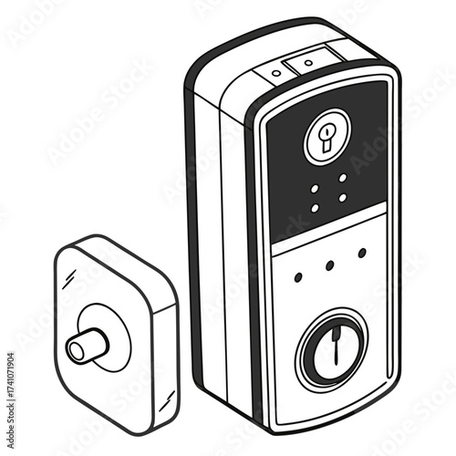 Black and white line art of a smart door lock and keypad