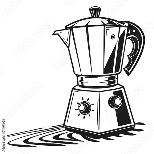 Black and white moka pot coffee maker with abstract steam lines